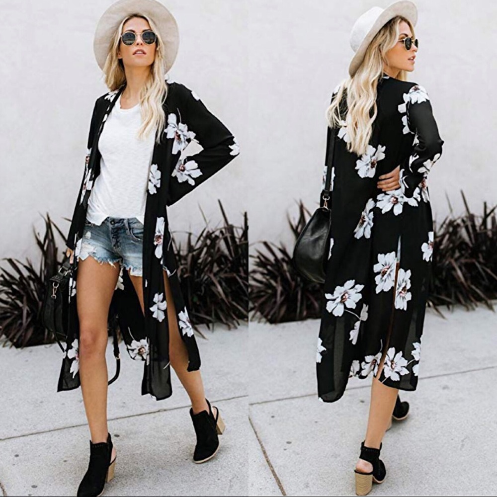 Beach coverup black sheer floral kimono